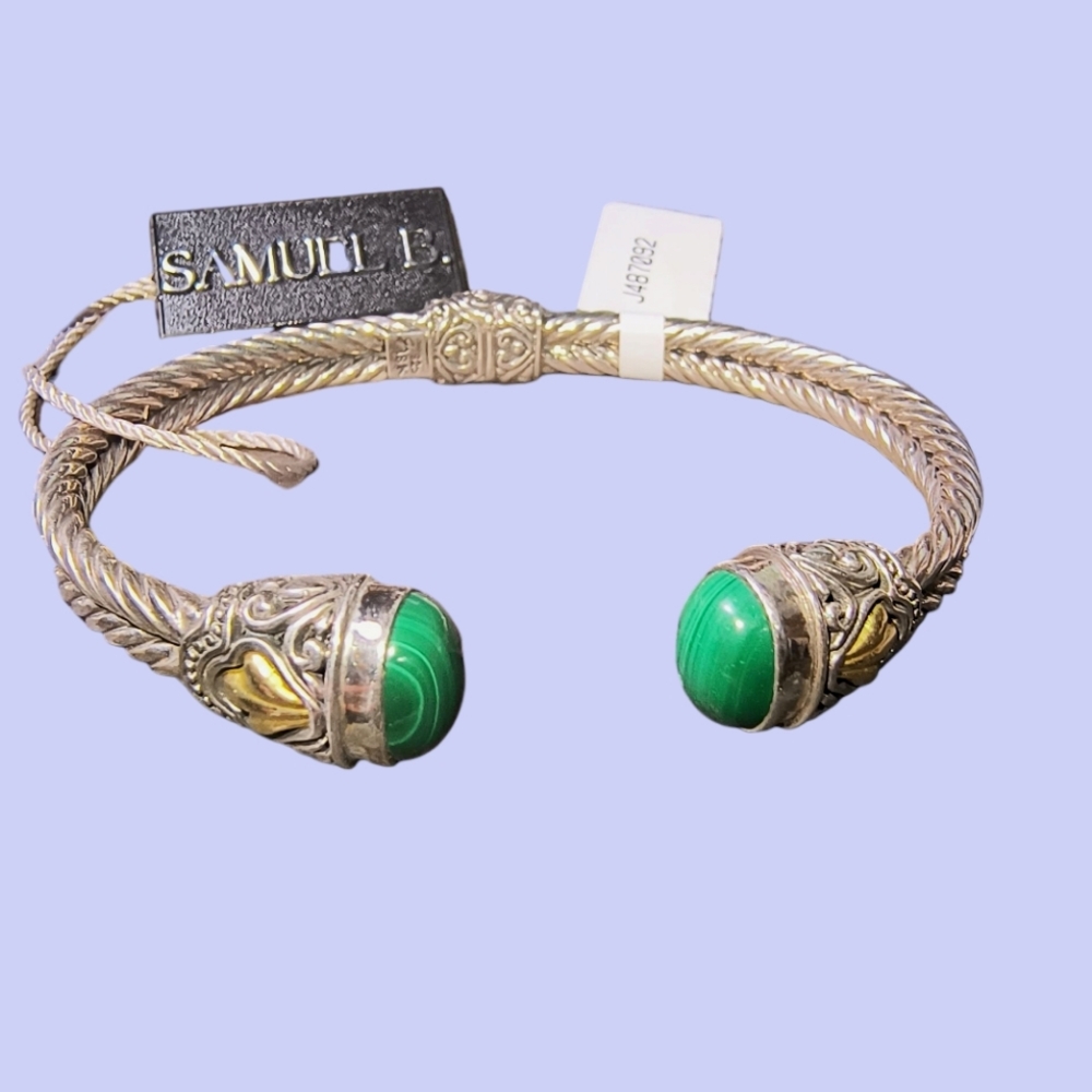 Samuel B Sterling Silver, 18K Gold & Malachite Hinged Cuff Bracelet
